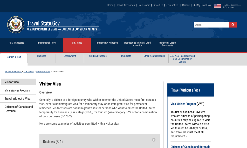 Screenshot (desktop) of United States Department of State website, Visitor Visa page